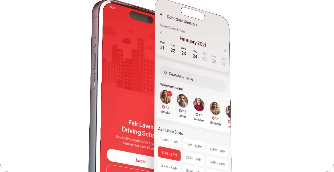 The Fairlawn student app: sign-in screen and a lesson booking screen