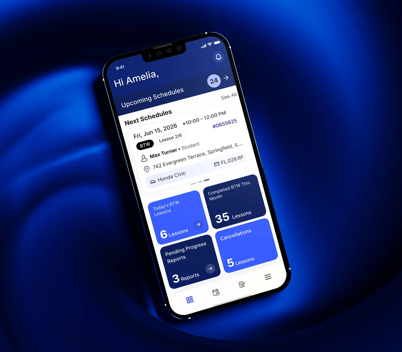 The NASDrive instructor app showing a day's upcoming lessons on a phone.